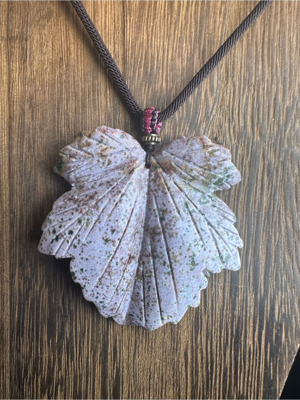 Handcrafted Lavender Leaf Pendant Necklace on Brown Rope